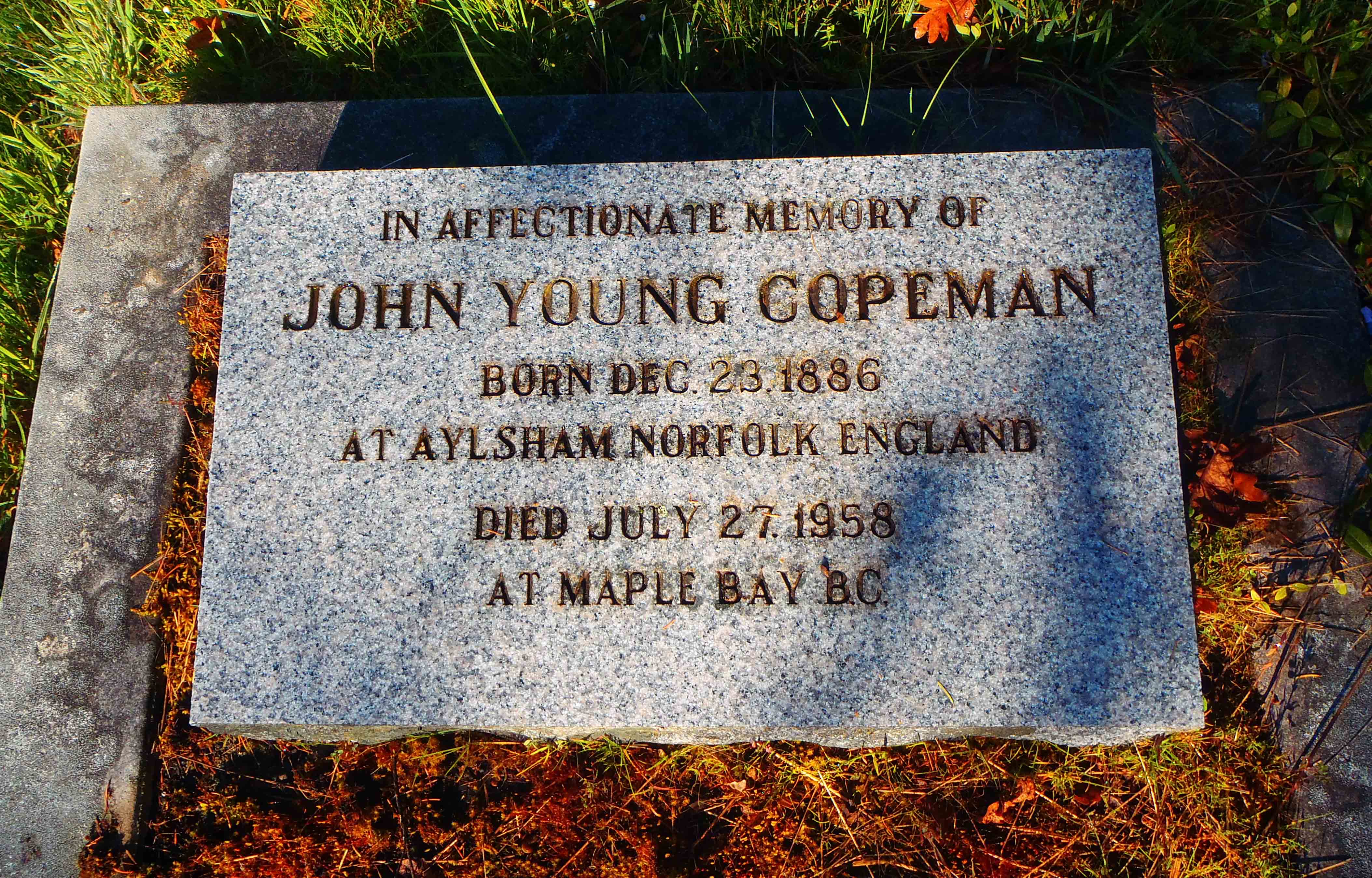 John Young Copeman headstone, Saint Peter's Quamichan cemetery